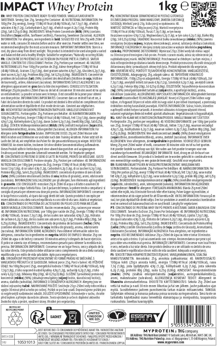 Myprotein Impact Proteína De Suero En Polvo | 23 Gramos De Proteína Por Porción | Vainilla 1 Kilogramo | Bajo En Azúcar, Bajo En Grasas | Crecimiento Y La Recuperación Muscular