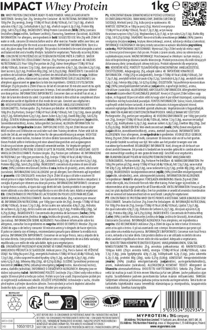 Myprotein Impact Proteína De Suero En Polvo | 23 Gramos De Proteína Por Porción | Vainilla 1 Kilogramo | Bajo En Azúcar, Bajo En Grasas | Crecimiento Y La Recuperación Muscular